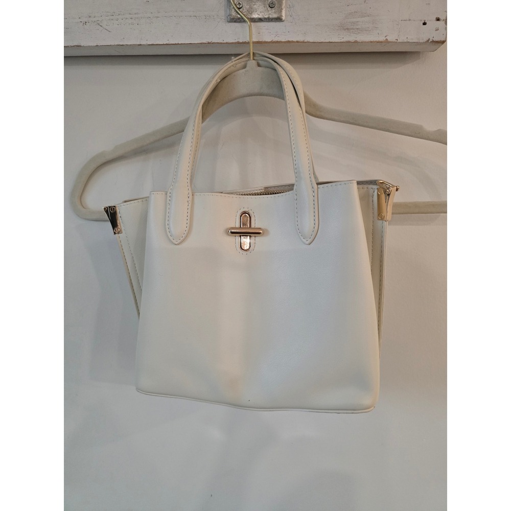Miztique White Faux Leather Structured Tote Bag Gold Hardware Turn Lock Satchel